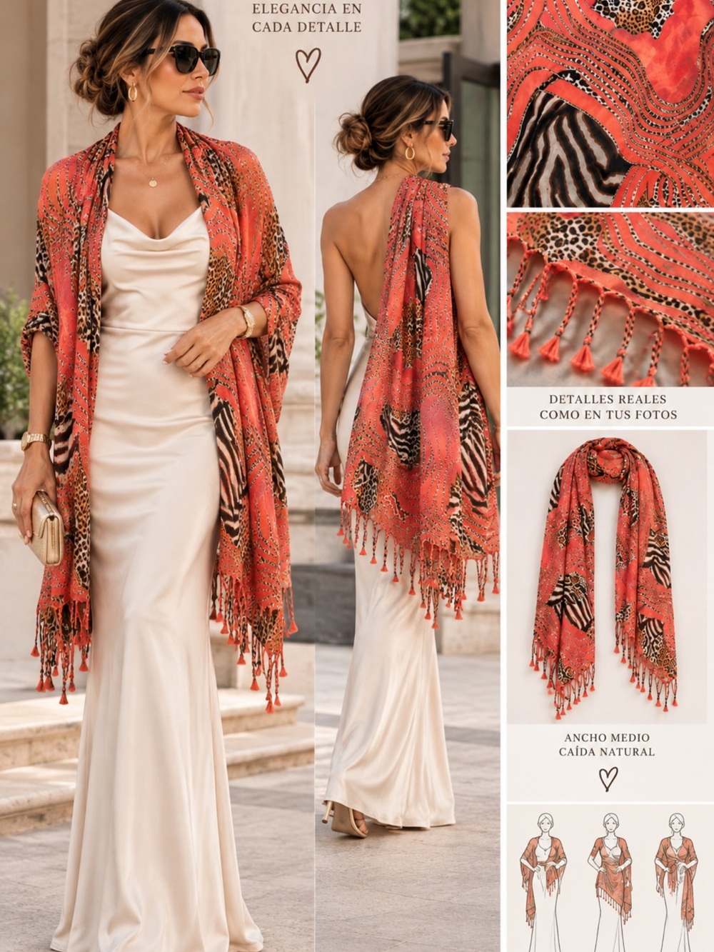 Elegant Coral Animal-Print Fringe Shawl - Women Accessories